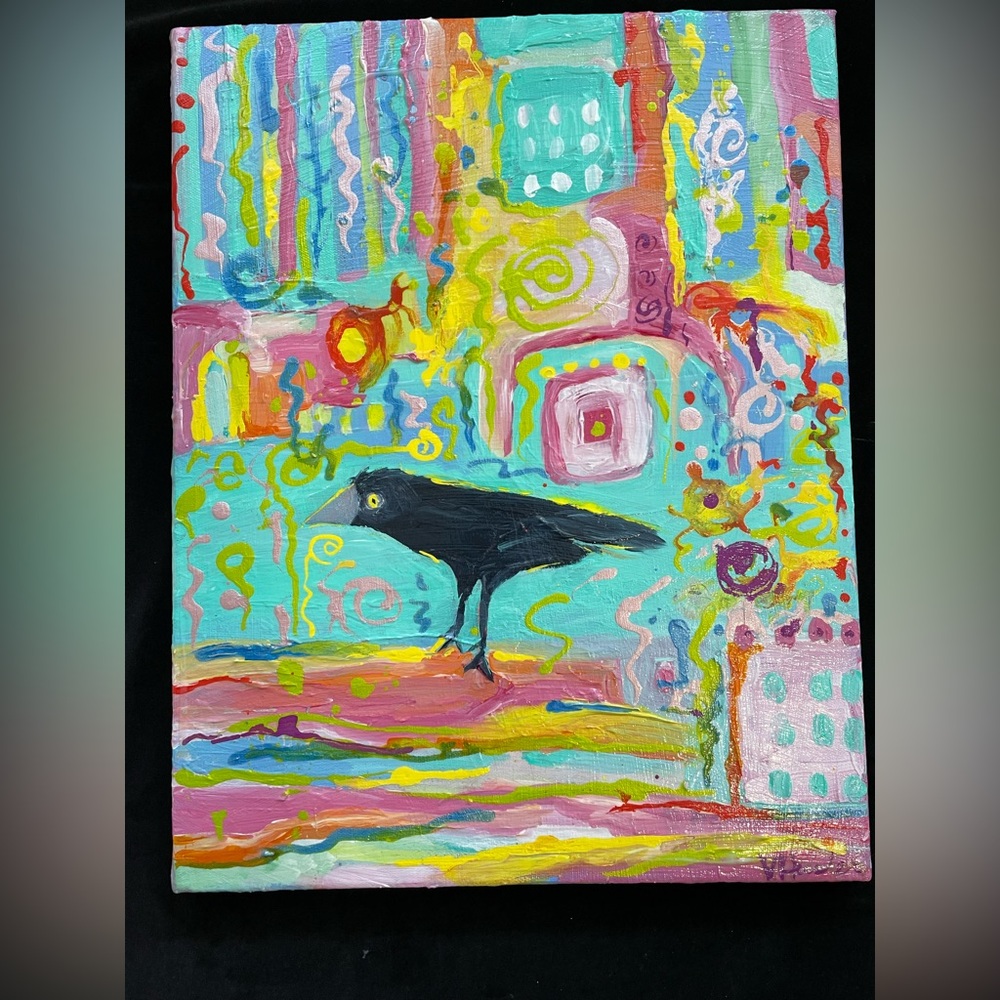 “Choose Happiness “Large Original Acrylic Painting 18”x14” With Crow - Picture 3 of 11